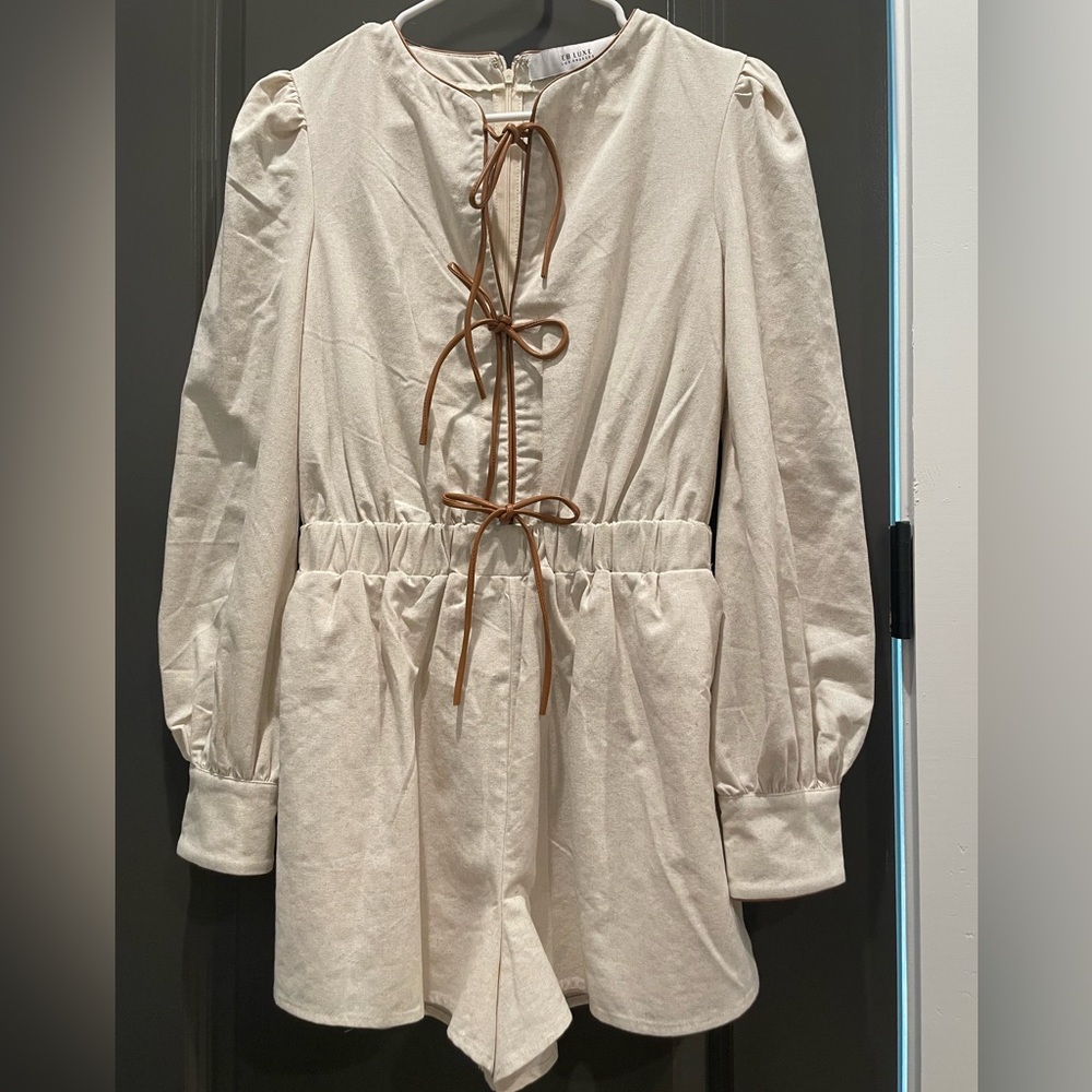 Wheat Long-Sleeve Romper with Faux Leather Tan Tie Detail